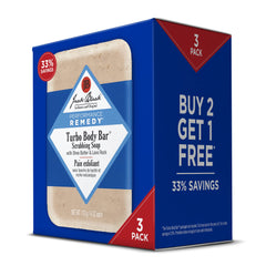 Jack Black Turbo Body Bar Scrubbing Soap in packaging showing triple-pack for convenient cleansing