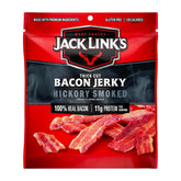 Jack Link's Bacon Jerky Hickory Smoked pack—protein-rich on-the-go snack.