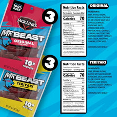 Jack Link's MrBeast teriyaki beef jerky bag adds savory flavor with protein.