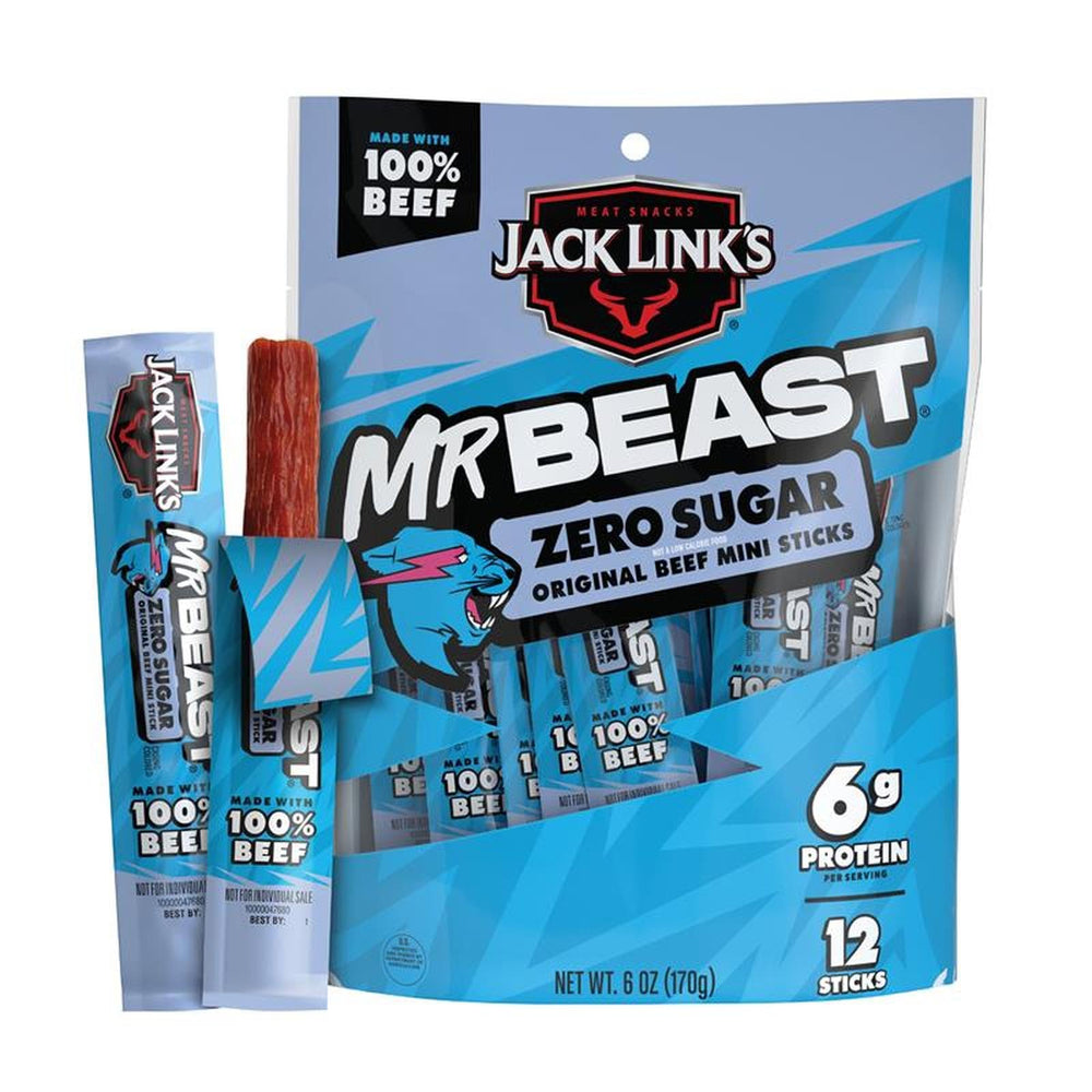 Jack Links MrBeast Zero Sugar Mini Beef Sticks packaging, quick protein snack