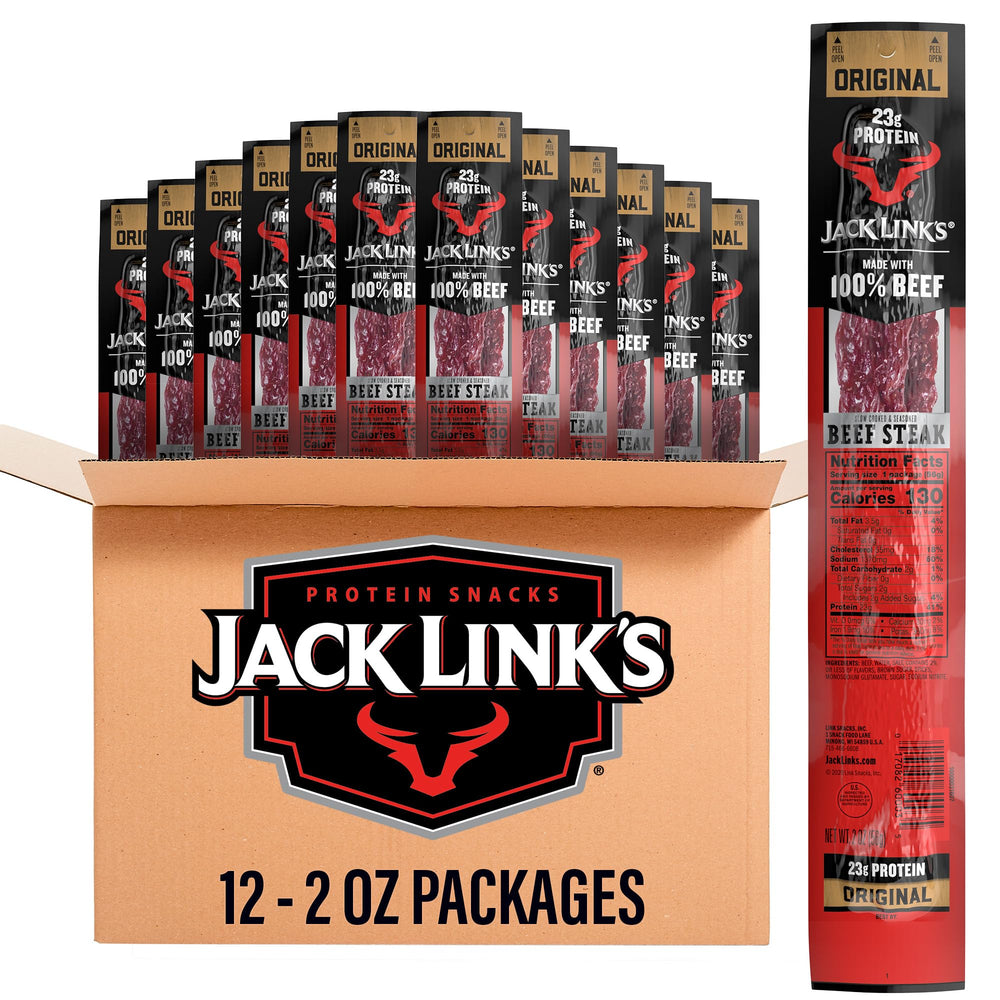 Jack Link's Beef Steak Original packaging in a 12-pack, ideal for meals on the go.