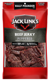 Jack Link's Peppered Beef Jerky bag showing bold flavor and protein for on-the-go snacking