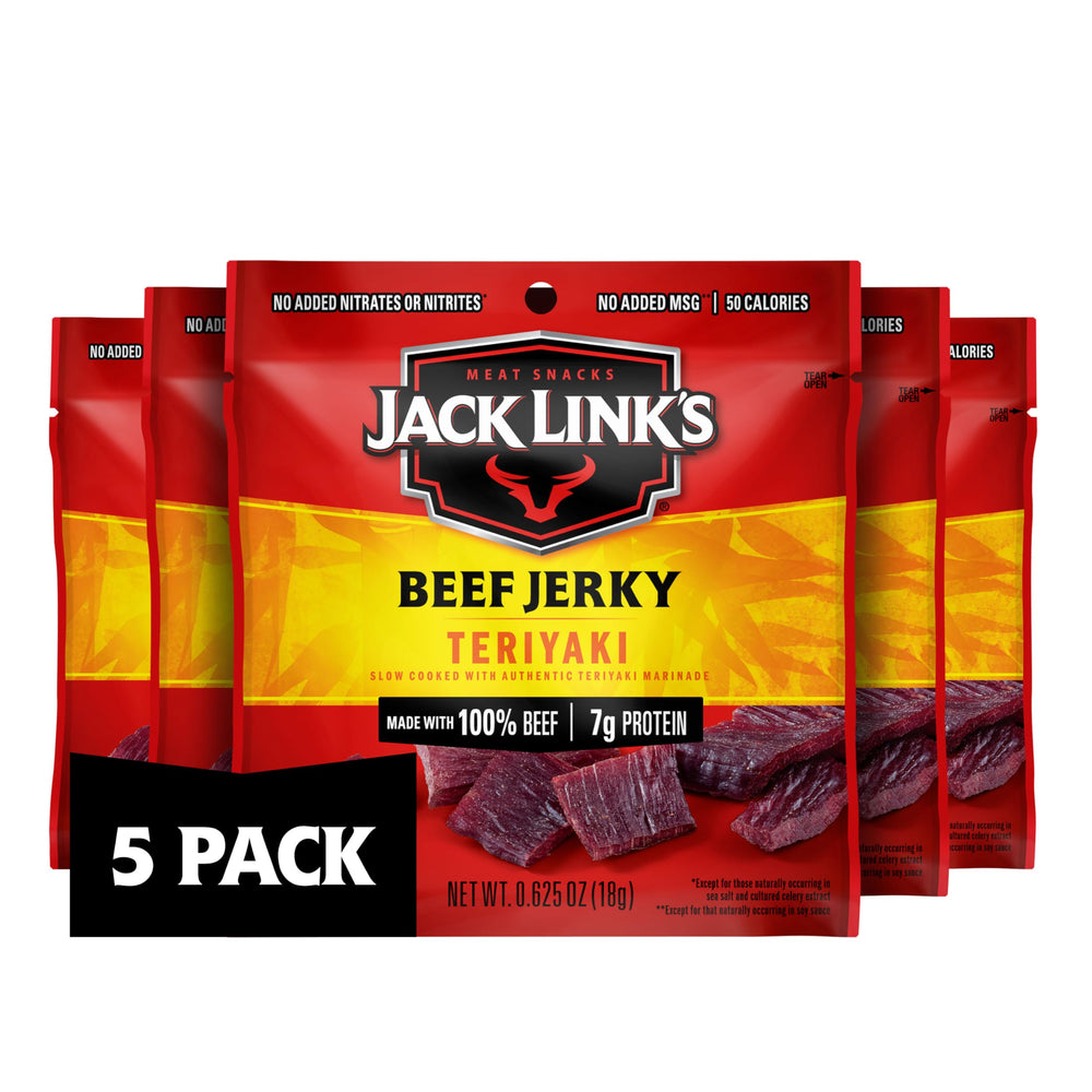 Jack Link's Teriyaki Beef Jerky 5-pack bags offer portable 7g protein for busy days.