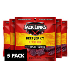 Jack Link's Teriyaki Beef Jerky 5-pack bags offer portable 7g protein for busy days.