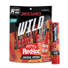 Jack Link's Wild Mini Chicken Sticks with Frank's RedHot in packaging—grab-and-go protein.