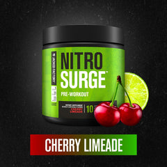Nitrosurge tub front displays 10 servings and Cherry Limeade flavor