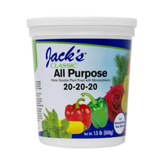 Jack's Classic all-purpose 20-20-20 bottle pour supports quick green-up in plants.