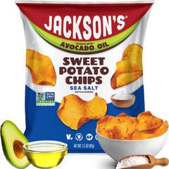 Jackson's Sweet Potato Kettle Chips close-up with sea salt and avocado oil for a crunchy snack.