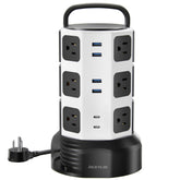 JACKYLED power strip tower with twelve outlets keeps a neat desk and powers many devices