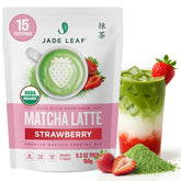 Jade Leaf Matcha Organic Strawberry Latte Mix close-up showing premium ingredients for cafe-style lattes at home