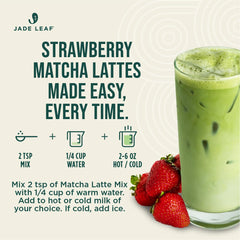 Jade Leaf Matcha Organic Strawberry Latte Mix in a cup with frothy milk