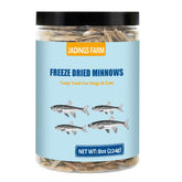 JADINGSFARM Minnows 8oz jar – natural, protein-rich treat for dogs and cats.