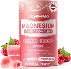 Jajehalo Magnesium Complex Gummies for Women bottle with 90 sugar-free raspberry gummies, daily support.