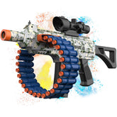 JakMean electric automatic toy with scope and belt-fed system for immersive play in outdoor battles.