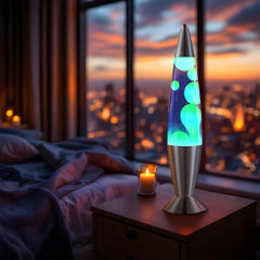 JAMBO 16-inch lamp shows yellow wax flowing beside a blue base for calming visuals.