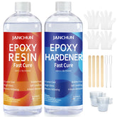 JANCHUN kit contents for resin projects including cups, sticks, and gloves for easy crafting.