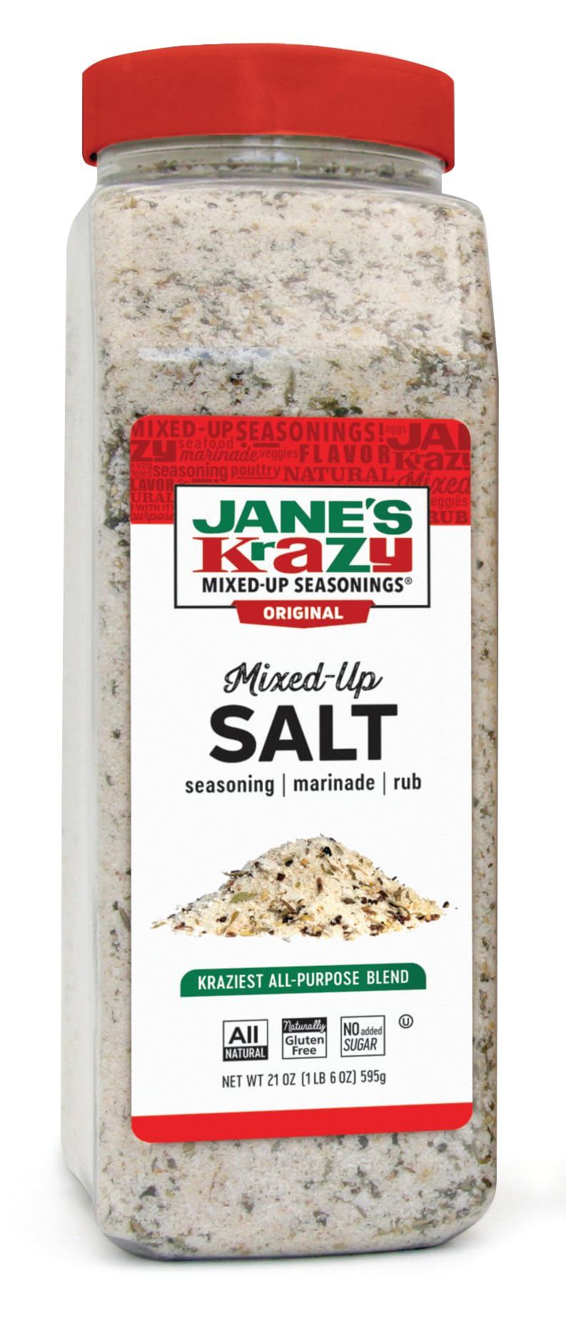 Jane's Krazy Mixed-Up Salt bottle closeup—all natural seasoning for meals.