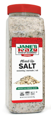 Jane's Krazy Mixed-Up Salt bottle closeup—all natural seasoning for meals.