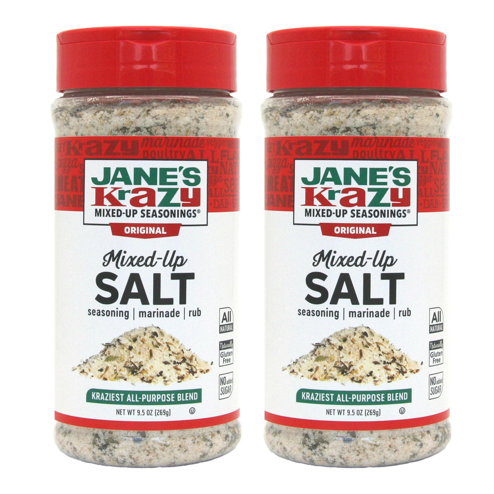 Jane's Krazy Mixed-Up Salt original 9.5oz bottle ready to season grilled steak