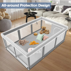 Jaobeem anti-slip base with suction cups stabilizes the playpen on floors.