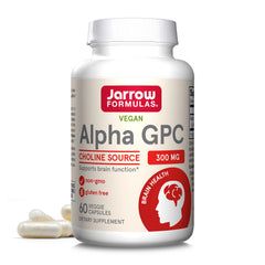 Jarrow Formulas Alpha GPC 300 mg capsules close-up, highlighting brain support
