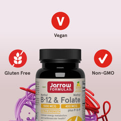 Jarrow Formulas bottle and label highlighting vegan and gluten-free formulation