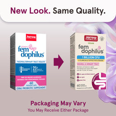 Fem-Dophilus capsules close-up highlighting GR-1 and RC-14 strains.