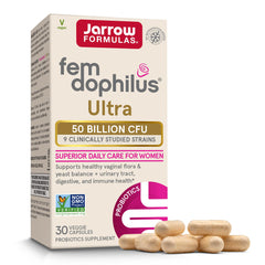 Jarrow Formulas Fem-Dophilus Ultra bottle with capsules for daily vaginal and digestive balance.