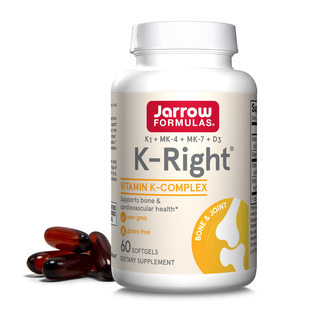 Jarrow Formulas K-Right bottle shown for daily vitamin K and D3 support.