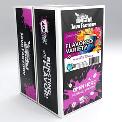 Java Factory Flavored Pods assorted sampler variety-pack display for home brewing.