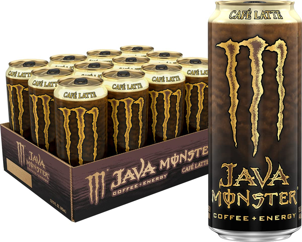 Java Monster Café Latte can on a desk fuels focus with coffee energy.