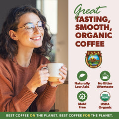 Java Planet Organic Arabica beans in a bag deliver crisp aroma and balanced flavor.