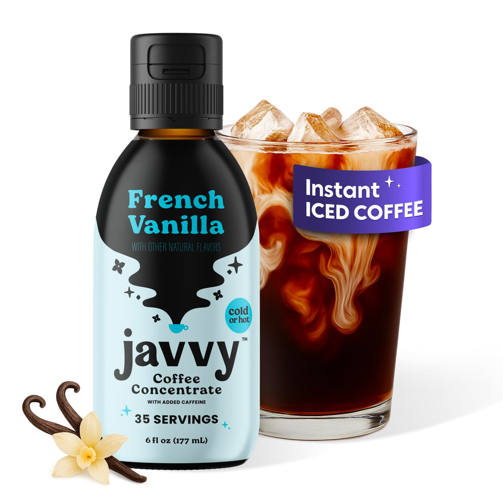 Javvy Coffee Concentrate French Vanilla bottle highlights premium flavor for hot or iced drinks.
