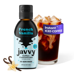 Javvy Coffee Concentrate French Vanilla bottle highlights premium flavor for hot or iced drinks.