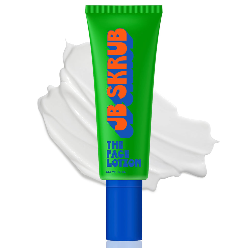 JB SKRUB The Face Lotion bottle shows blue light protection for screen time.