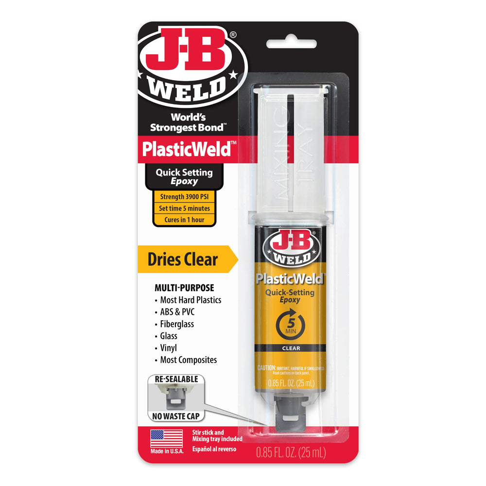 J-B Weld PlasticWeld syringe ready for quick plastic repairs.