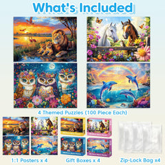 Jeacirio 4-pack puzzle: horses and cat scene; keeps kids engaged with colorful scenes.