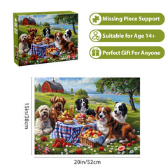 Jeacirio dogs picnic donuts fruit scene, ideal for relaxed family puzzle time.