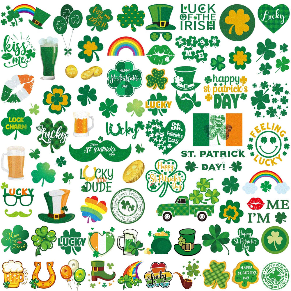 JEEFONNA glitter St Patrick's Day tattoos in a large half-arm sleeve design for bold festival looks.