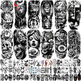 JEEFONNA lion-wolf-tiger tattoo sheets for bold body art at events.
