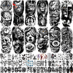 JEEFONNA lion-wolf-tiger tattoo sheets for bold body art at events.