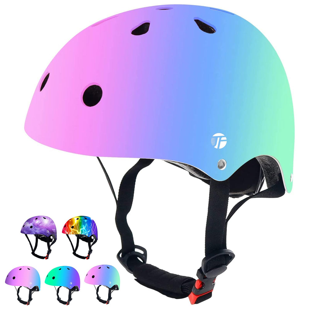 JeeFree adjustable color gradient kids helmet securing a precise fit with vivid styling