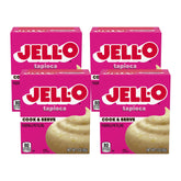 Jell-O Cook & Serve Tapioca pudding mix box front showing four-pack for quick desserts