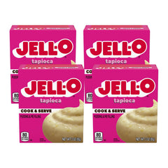 Jell-O Cook & Serve Tapioca pudding mix box front showing four-pack for quick desserts