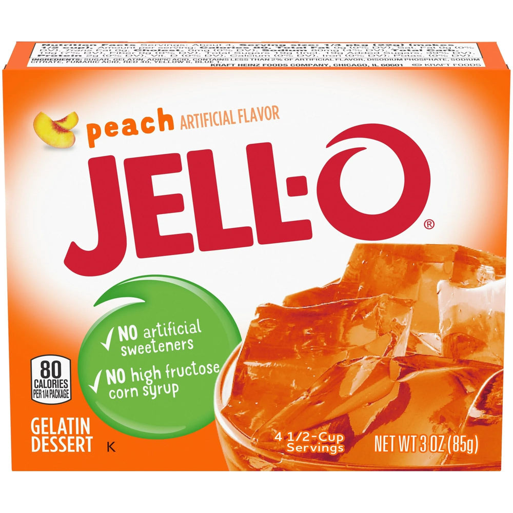 Jell-O Peach Gelatin Mix two-box package, ready for easy desserts.