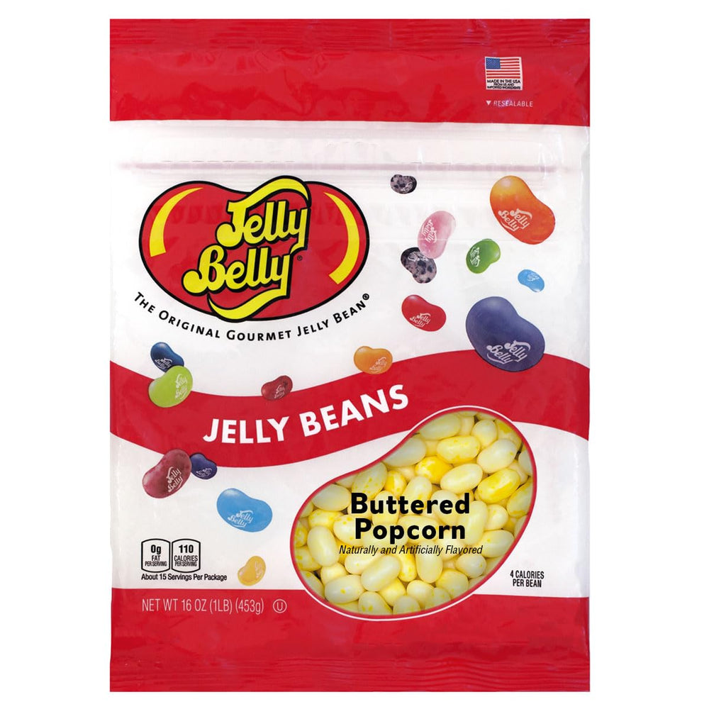 Jelly Belly Buttered Popcorn beans in a 1lb bag, gluten-free snack option.