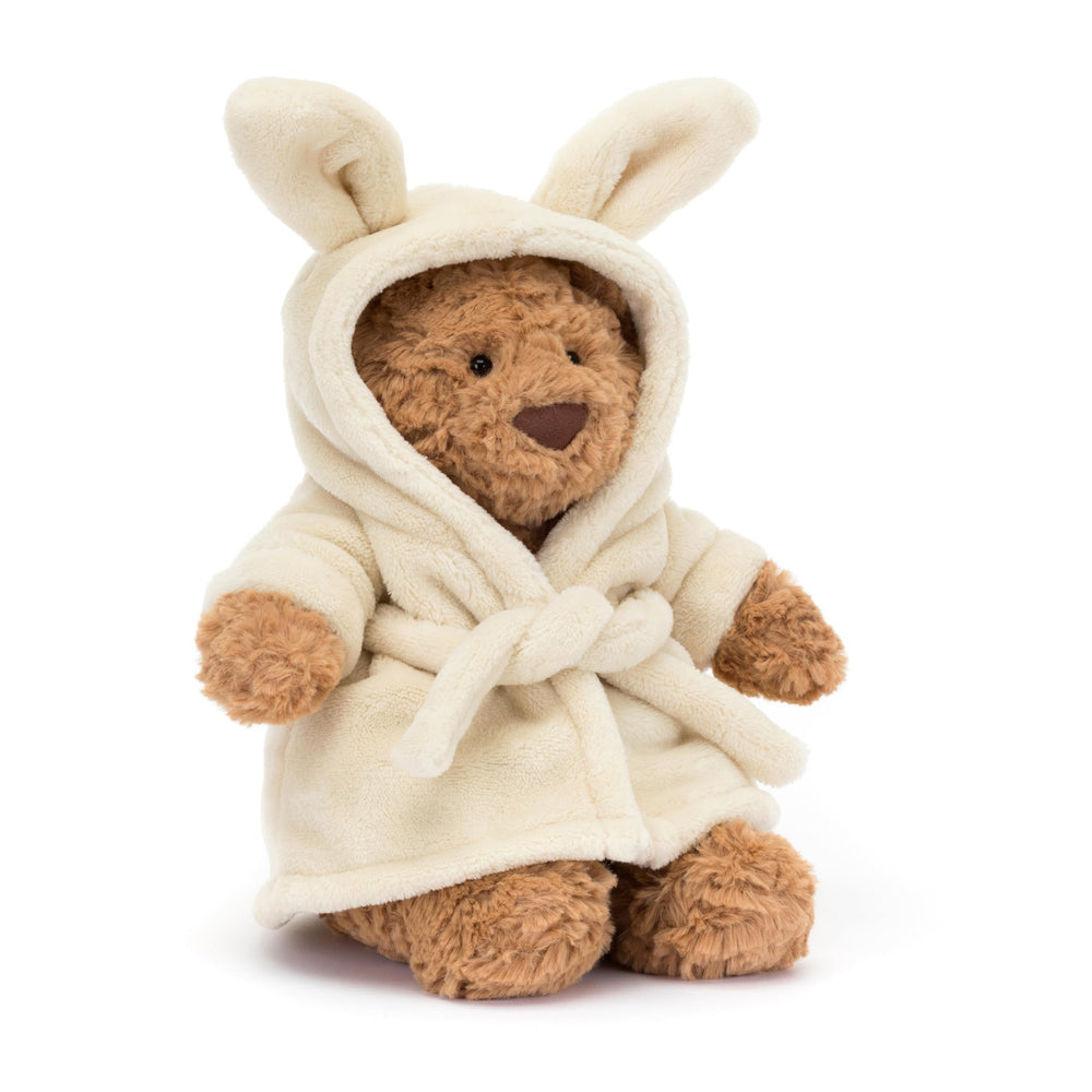 Jellycat Bartholomew Bear in bathrobe ready for cozy hugs.