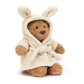 Jellycat Bartholomew Bear in bathrobe ready for cozy hugs.