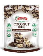Jennies coconut bites cacao nibs dark chocolate – rich flavor and chewy texture for a snack.