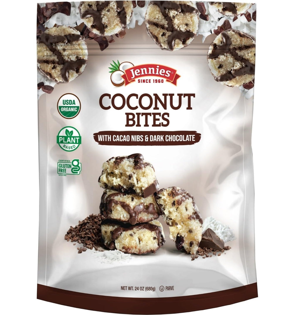Jennies coconut cacao nibs bites front-pack, ideal for on-the-go snacking.